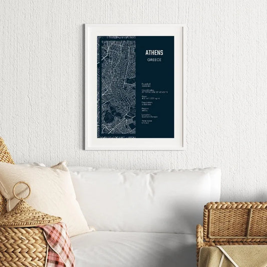 Framed Athens map print on a wall above a sofa Canvas & Curio