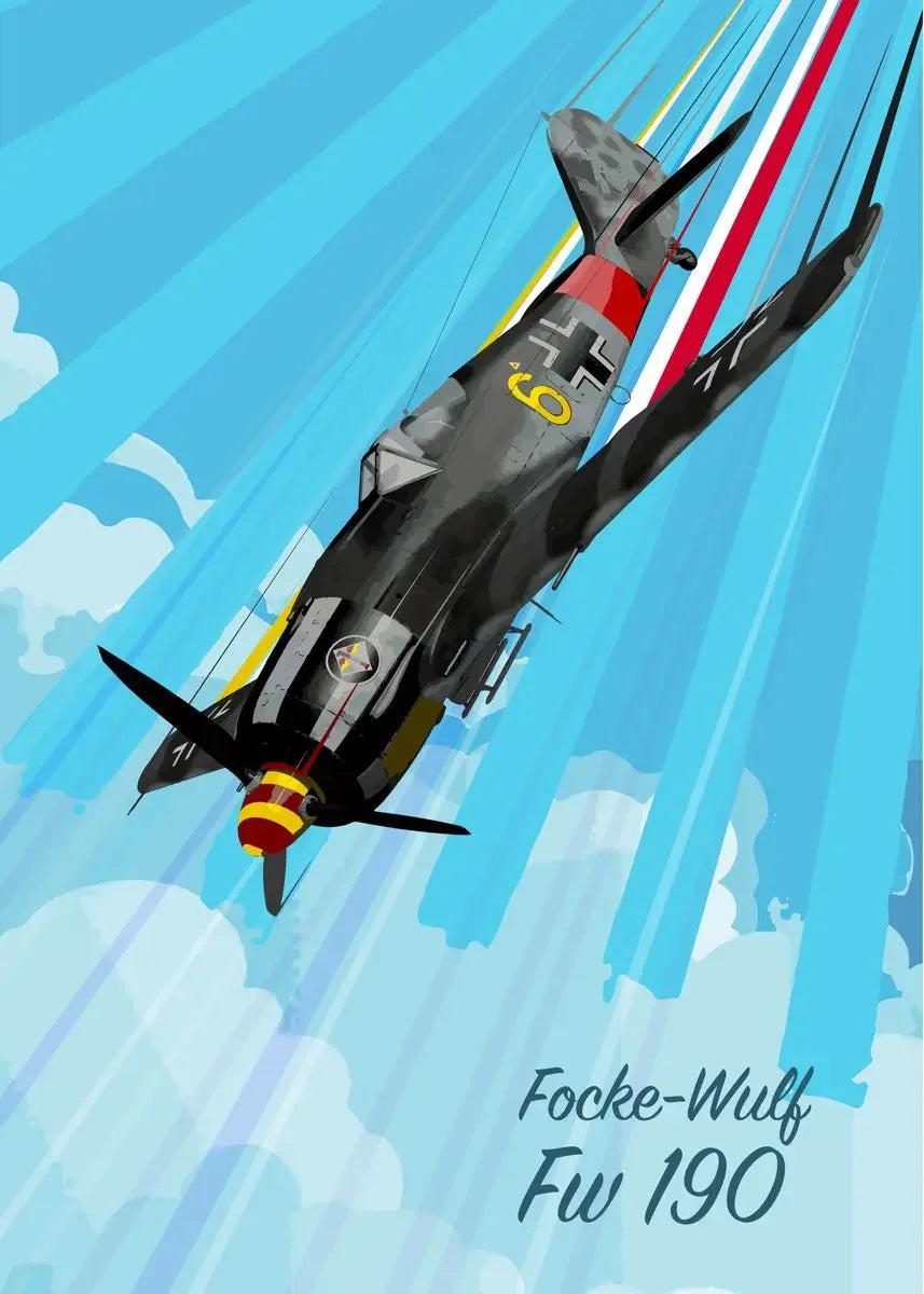 Focke-Wulf Fw 190 aircraft illustration against a blue sky with clouds