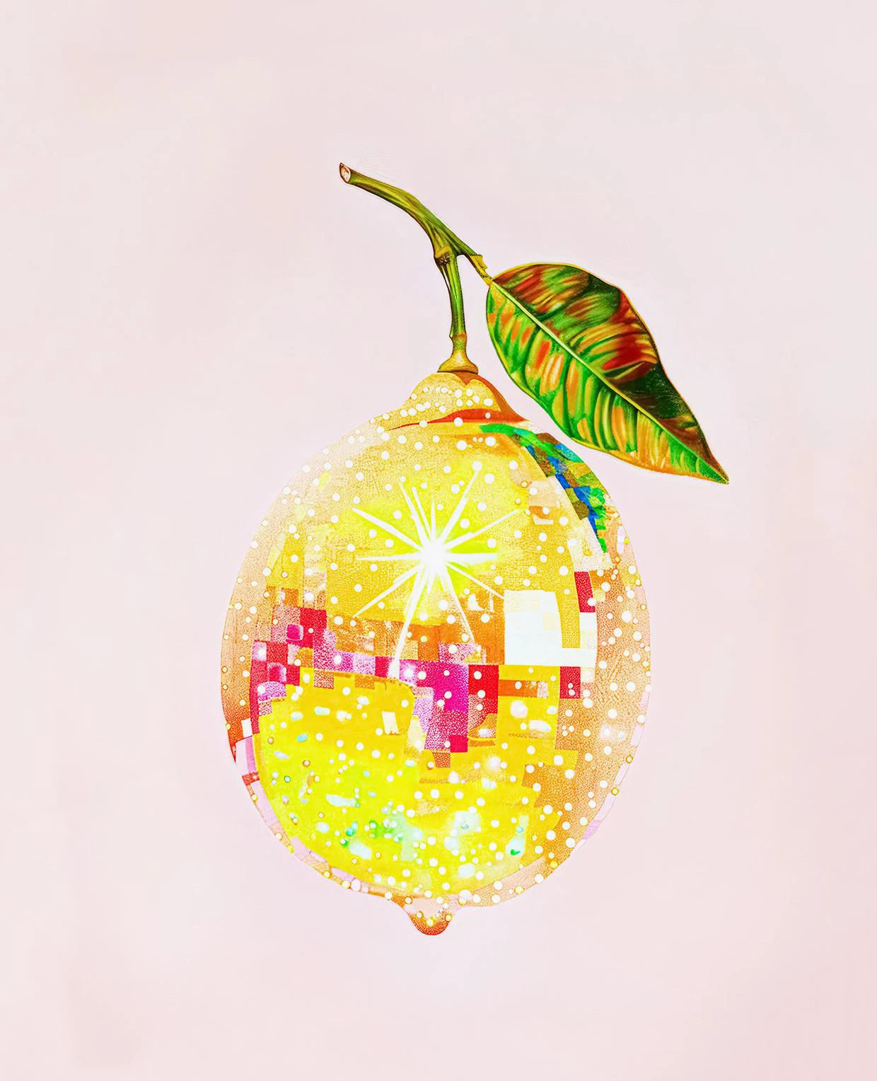Decorative lemon with colorful mosaic pattern on a light pink background