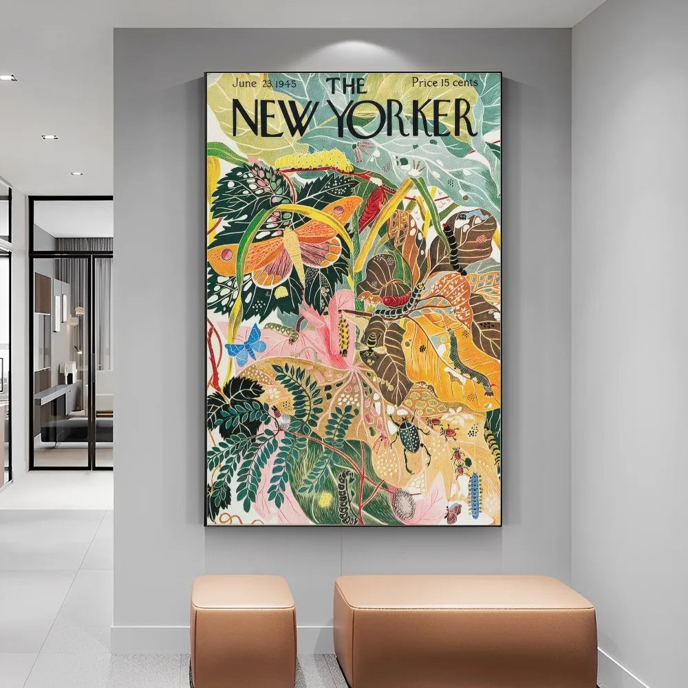 New Yorker magazine cover with colorful design on a wall in a modern interior setting