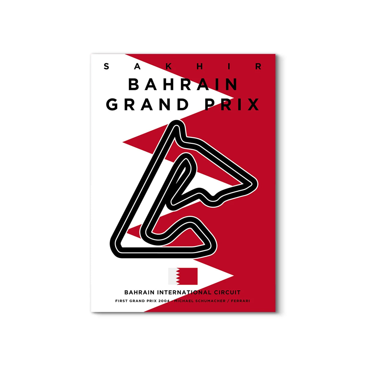 Poster for Sakhir Bahrain Grand Prix with track layout design on a red and white background