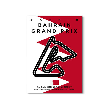 Poster for Sakhir Bahrain Grand Prix with track layout design on a red and white background