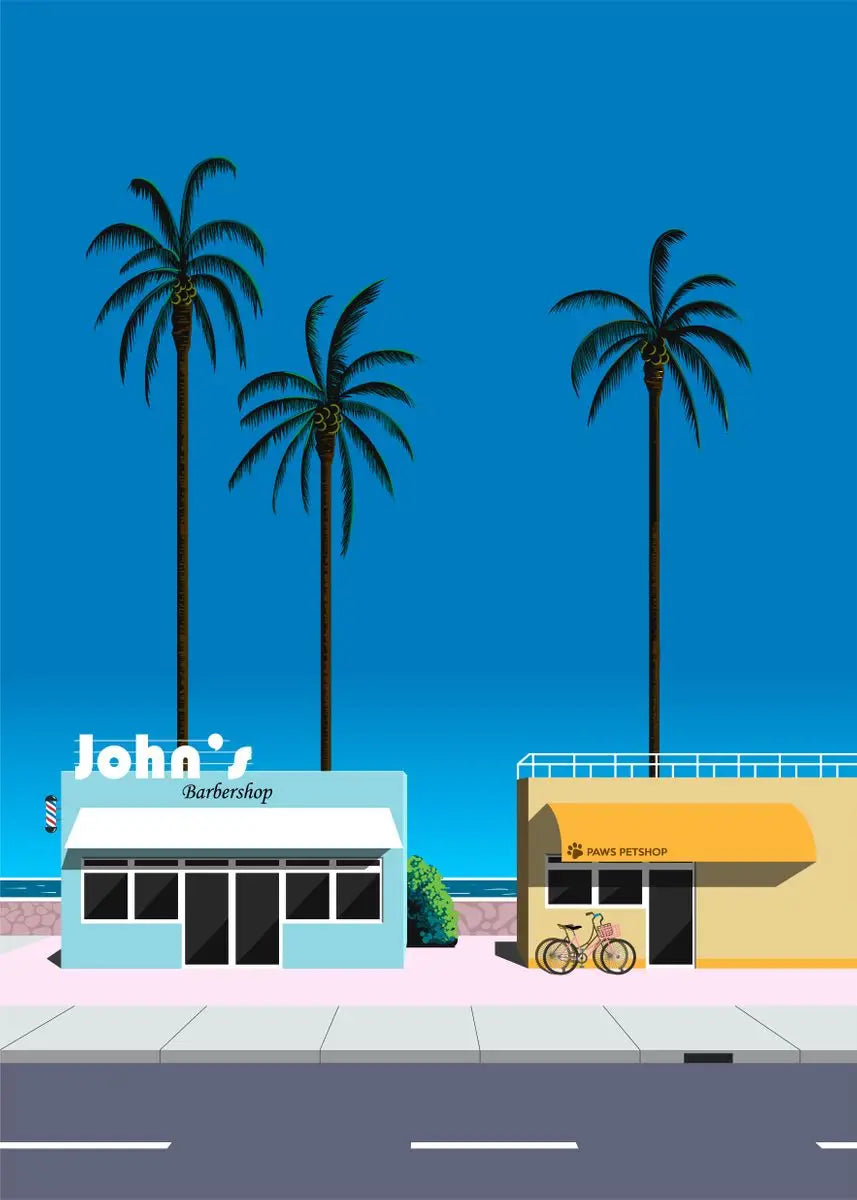 Illustration of a street scene with palm trees, a blue building, and a yellow building under a clear blue sky.