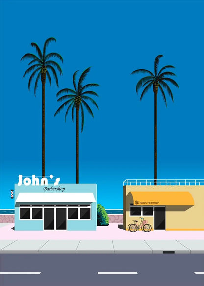 Illustration of a street scene with palm trees, a blue building, and a yellow building under a clear blue sky.