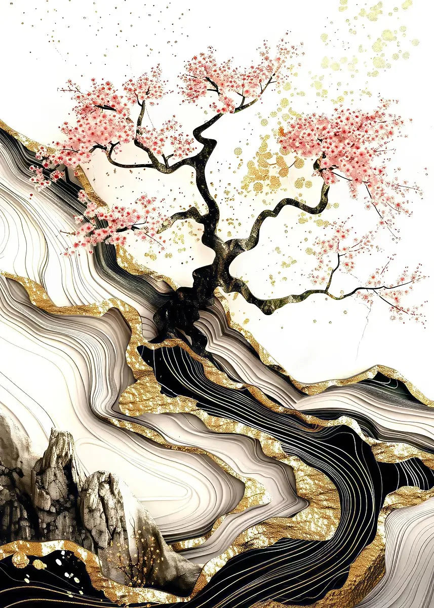 Artistic depiction of a tree with pink blossoms on a stylized landscape background