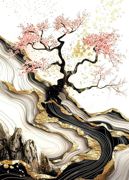 Artistic depiction of a tree with pink blossoms on a stylized landscape background