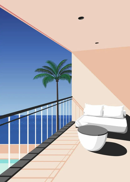 Modern balcony with a view of the ocean and palm tree, featuring a sofa and coffee table.
