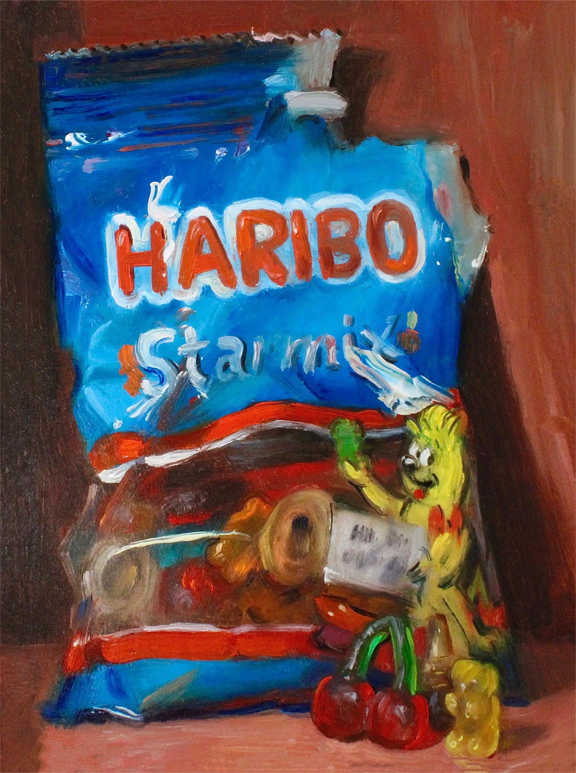 Painting of a Haribo Starmix candy bag with colorful design