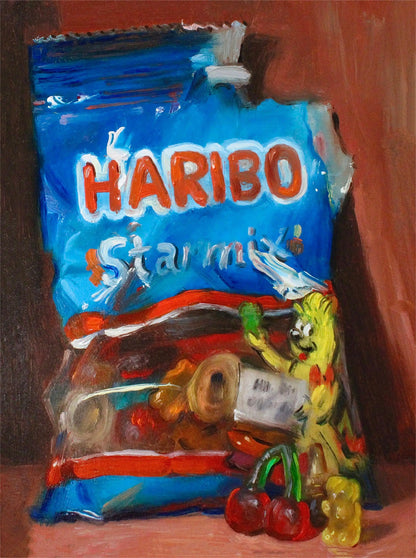 Painting of a Haribo Starmix candy bag with colorful design