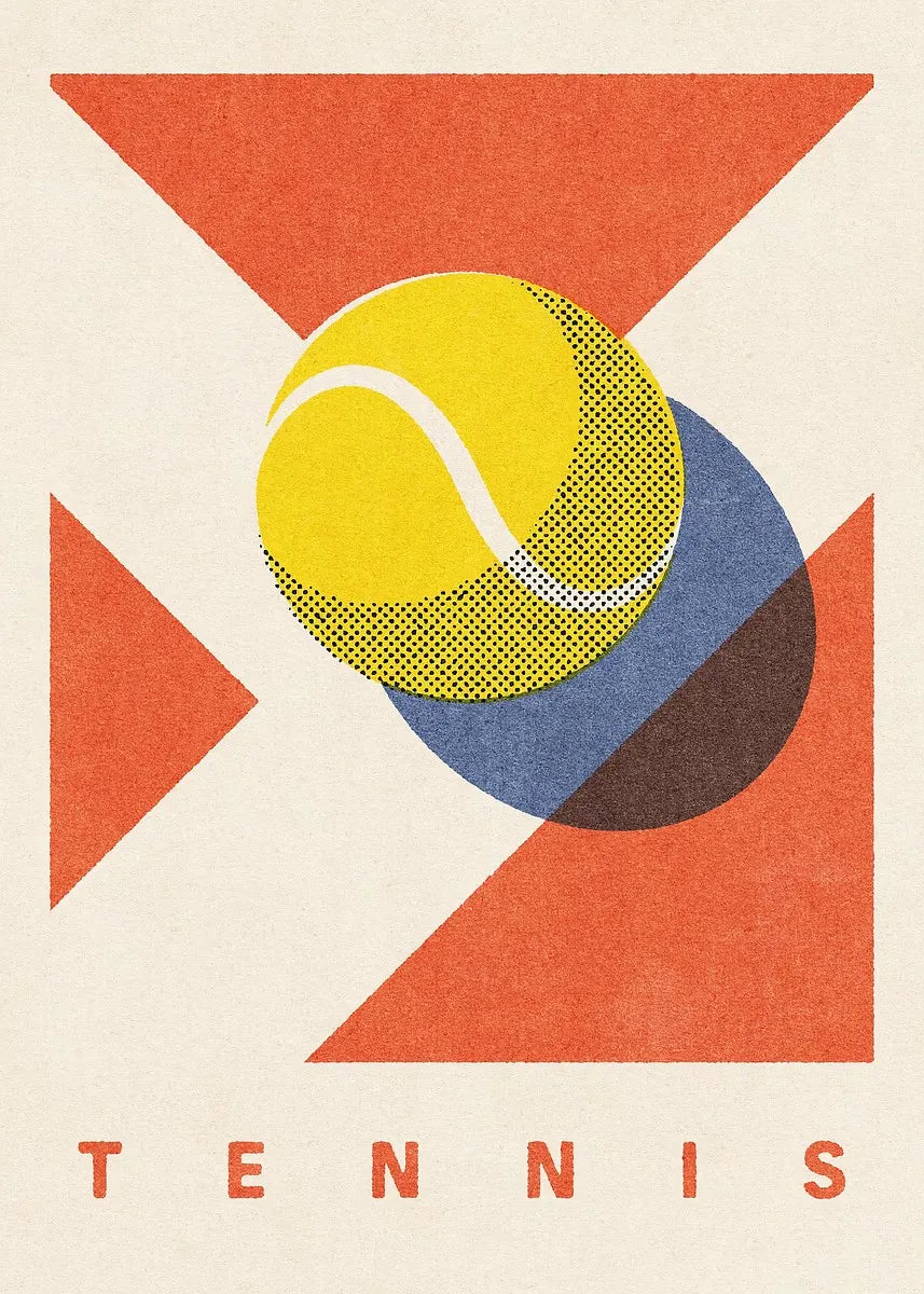 Geometric design with a tennis ball and the word 'TENNIS' on a beige background