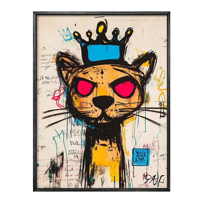 Colorful abstract painting of a cat with red eyes and a blue crown on a white background