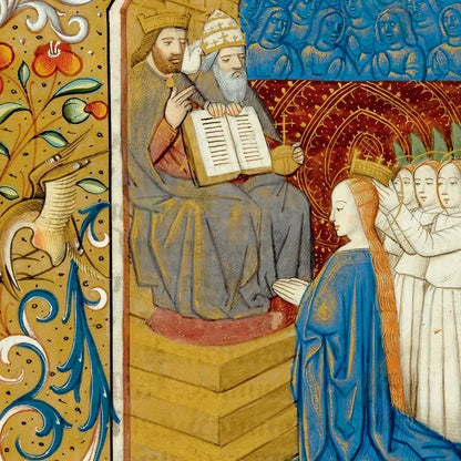 Medieval-style illustration with a king, scholar, and woman in a procession.