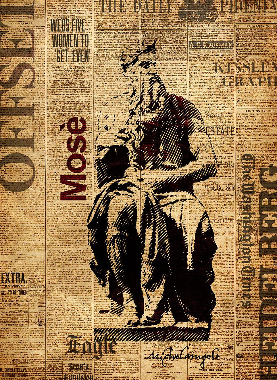 Vintage newspaper background with a black and white illustration of a person holding a child.