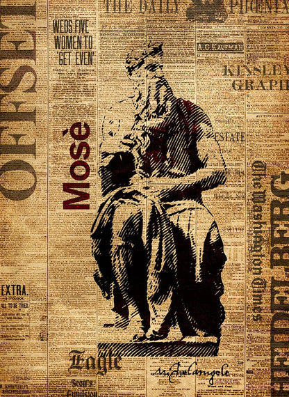 Vintage newspaper background with a black and white illustration of a person holding a child.