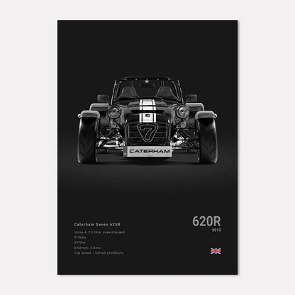 Caterham Seven 620R car on a black background with white text