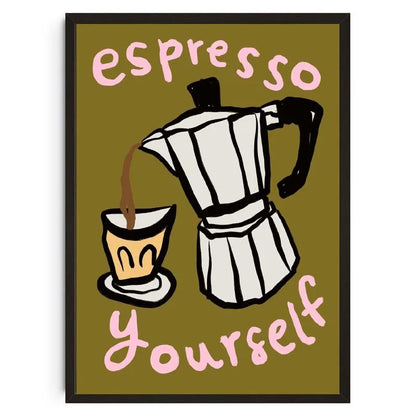 Illustration of a Moka pot and coffee cup with 'espresso yourself' text on a green background