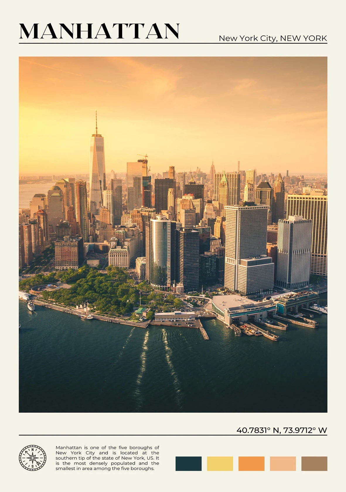 Aerial view of Manhattan skyline with a body of water in the foreground