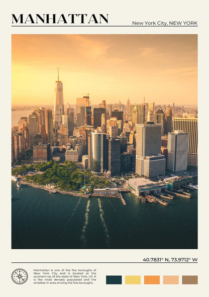 Aerial view of Manhattan skyline with a body of water in the foreground