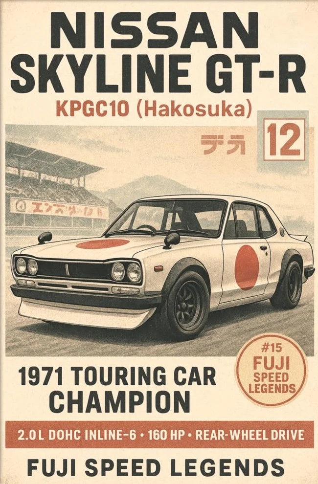 Vintage-style poster of a Nissan Skyline GT-R with racing details.