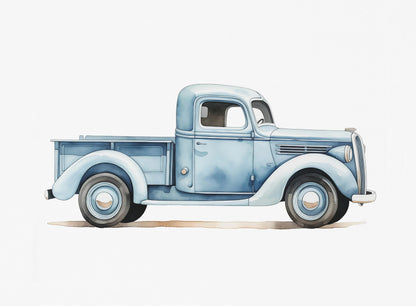 Illustration of a vintage blue truck on a white background