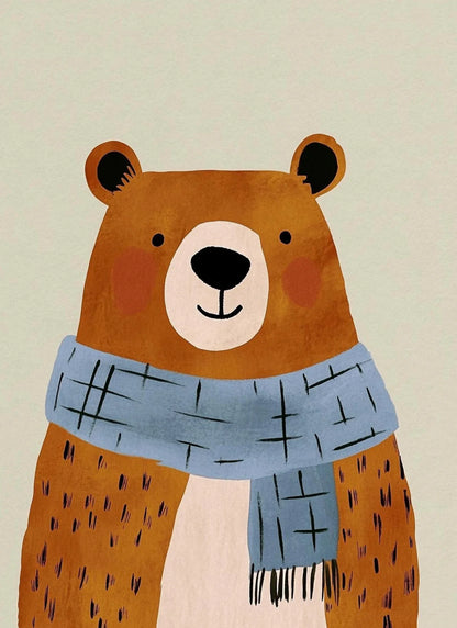 Illustration of a bear wearing a blue scarf on a beige background