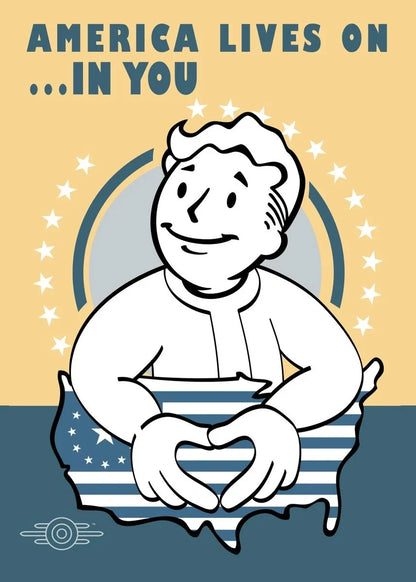 Cartoon character holding a heart shape with 'America lives on...in you' text on a yellow and blue background
