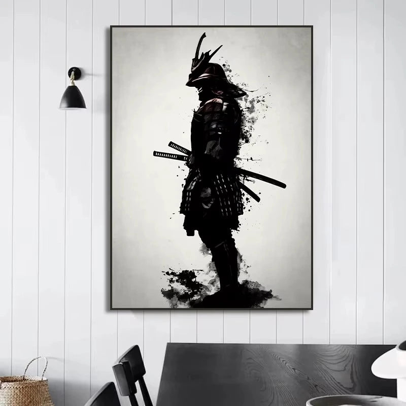 Framed artwork of a samurai on a wall in a room with a table and chairs.