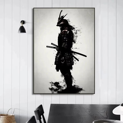 Framed artwork of a samurai on a wall in a room with a table and chairs.