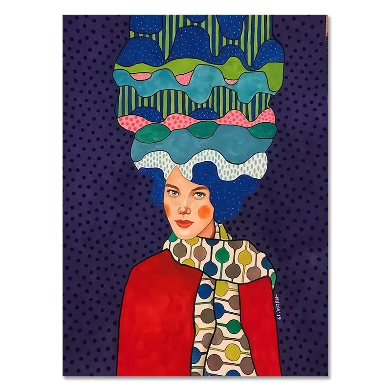 Colorful artwork of a woman with a patterned headpiece and scarf on a dark purple background