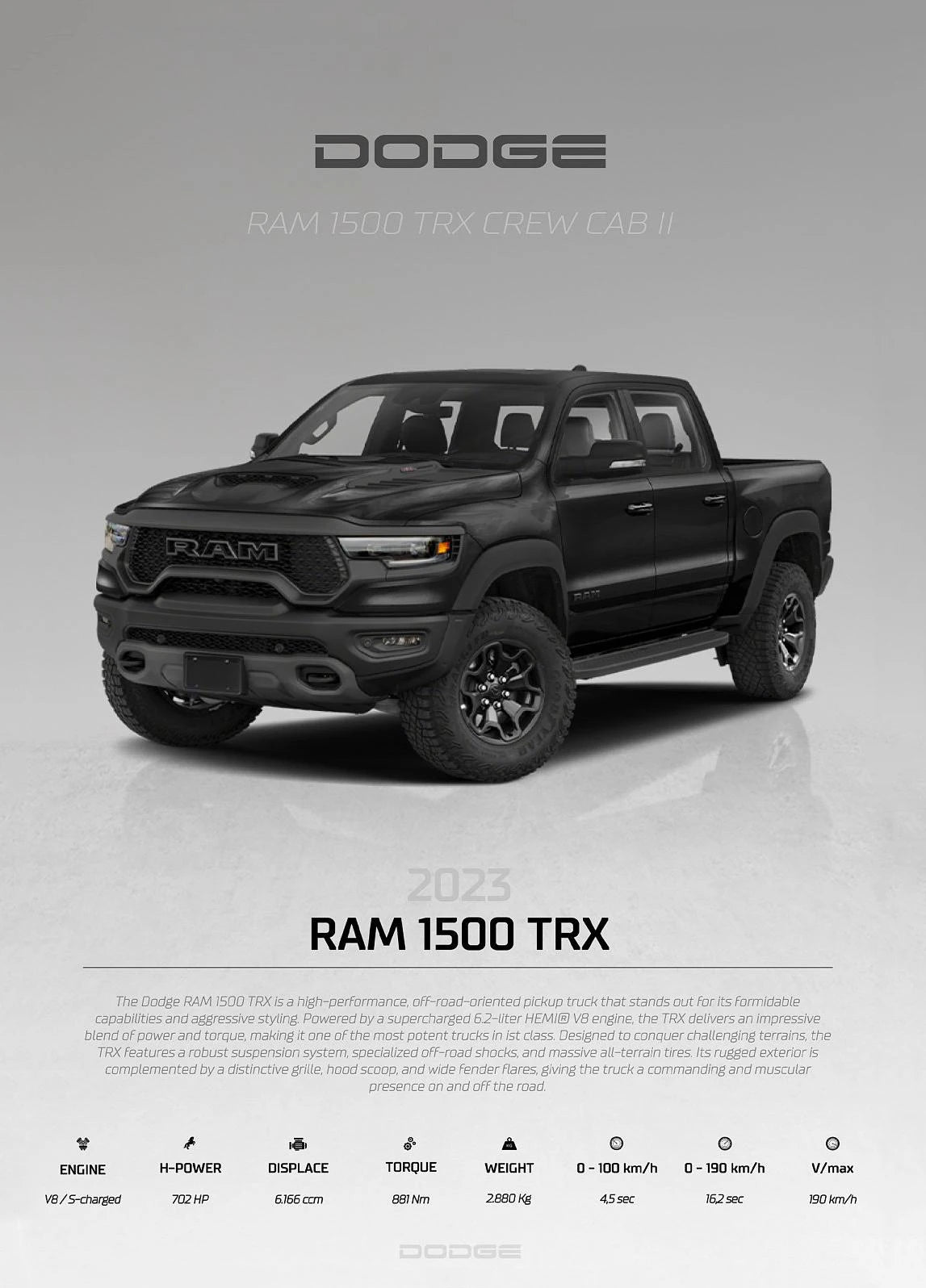 Black Dodge RAM 1500 TRX truck on a gray background
