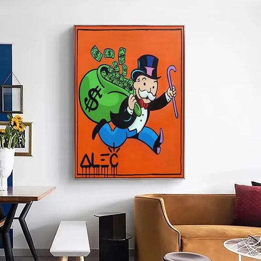Framed artwork of a cartoon character with a money bag on an orange background in a living room. Canvas & Curio