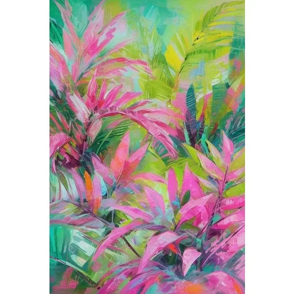 Colorful painting of tropical leaves with pink, green, and blue hues.