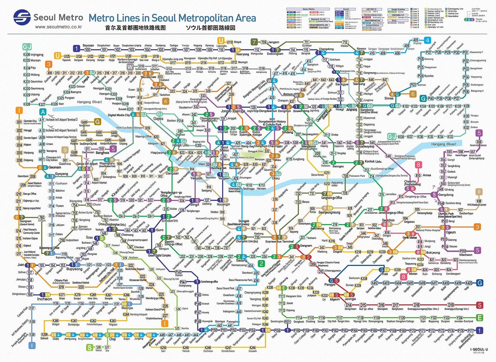Seoul Metro map showing metro lines in Seoul Metropolitan Area