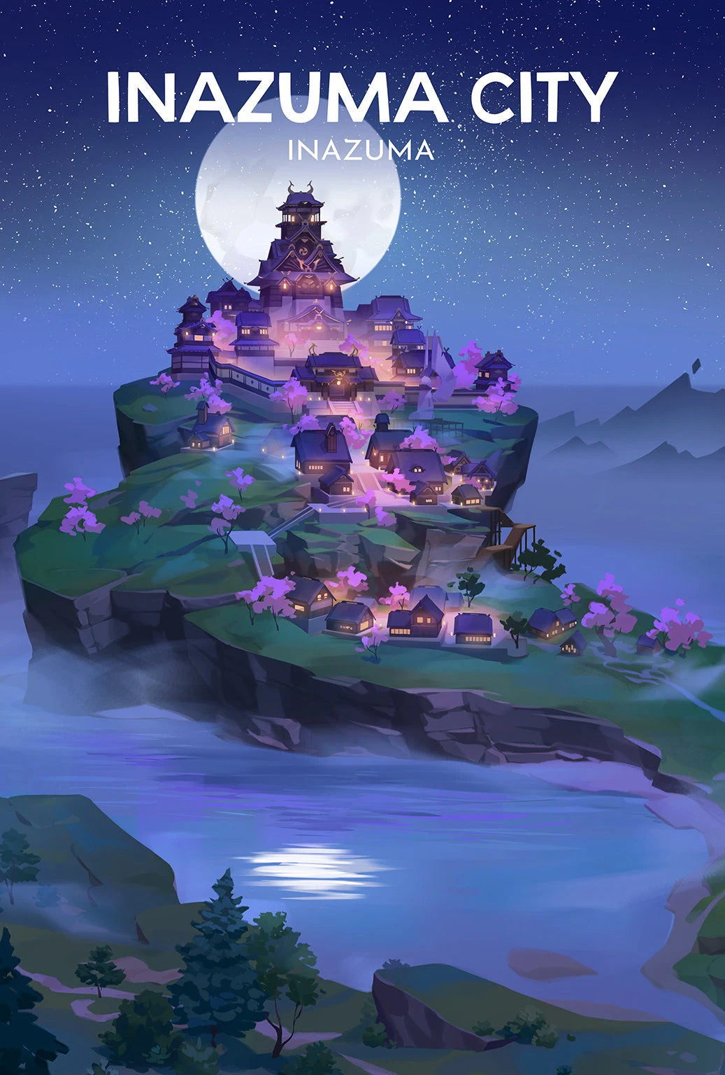 Illustration of a fantasy city named Inazuma on an island with a full moon in the background.