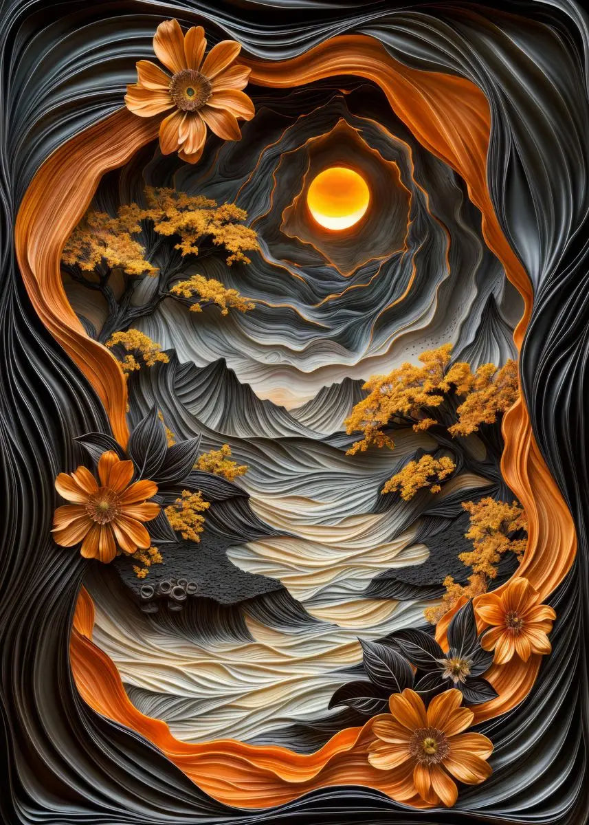 Artistic depiction of a mountain landscape with flowers and a sun in the sky.
