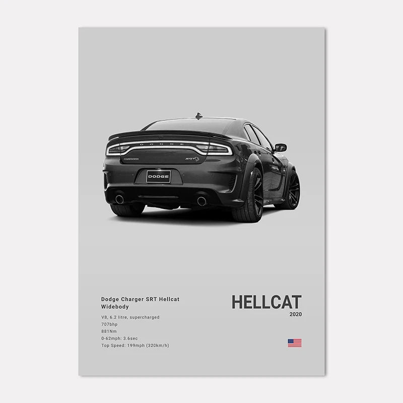 Poster of a Dodge Charger SRT Hellcat Widebody on a gray background