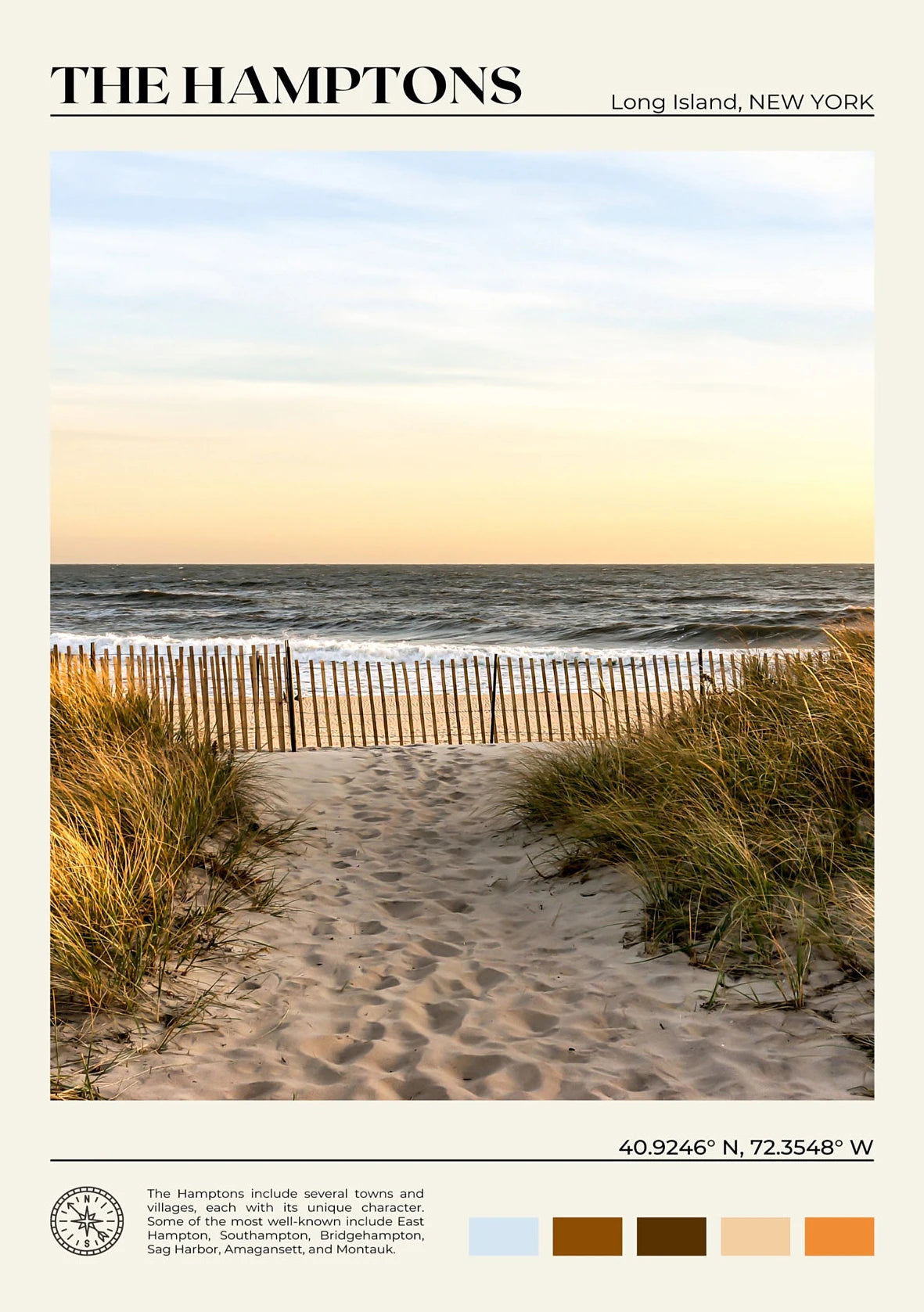 Beach scene with sand path, grass, and ocean in The Hamptons, Long Island, New York.