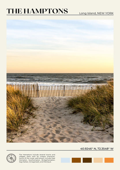 Beach scene with sand path, grass, and ocean in The Hamptons, Long Island, New York.