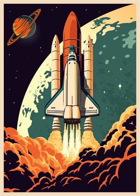 Illustration of a rocket launch with Earth and Saturn in the background