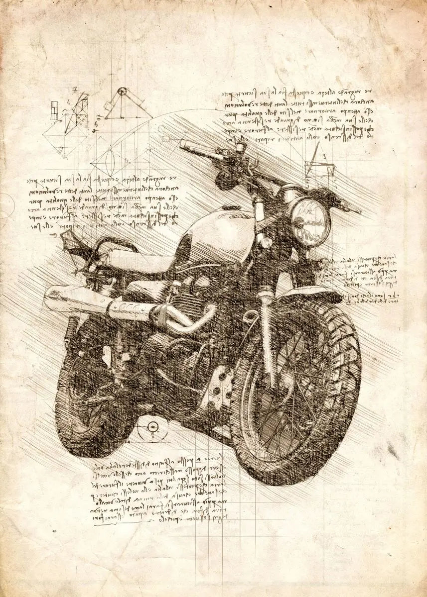 Motorcycle drawing on a textured paper background with text and diagrams