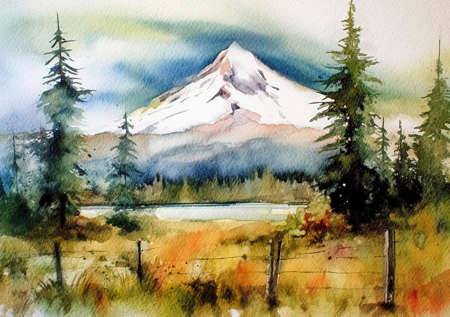 Watercolor painting of a mountain landscape with trees and a fence.
