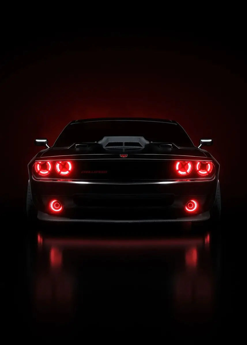 Black car with red taillights on a dark background