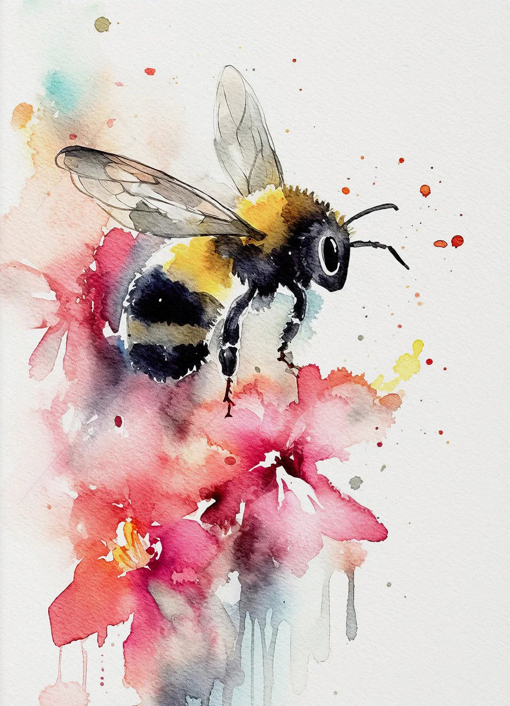Watercolor painting of a bee on a colorful floral background