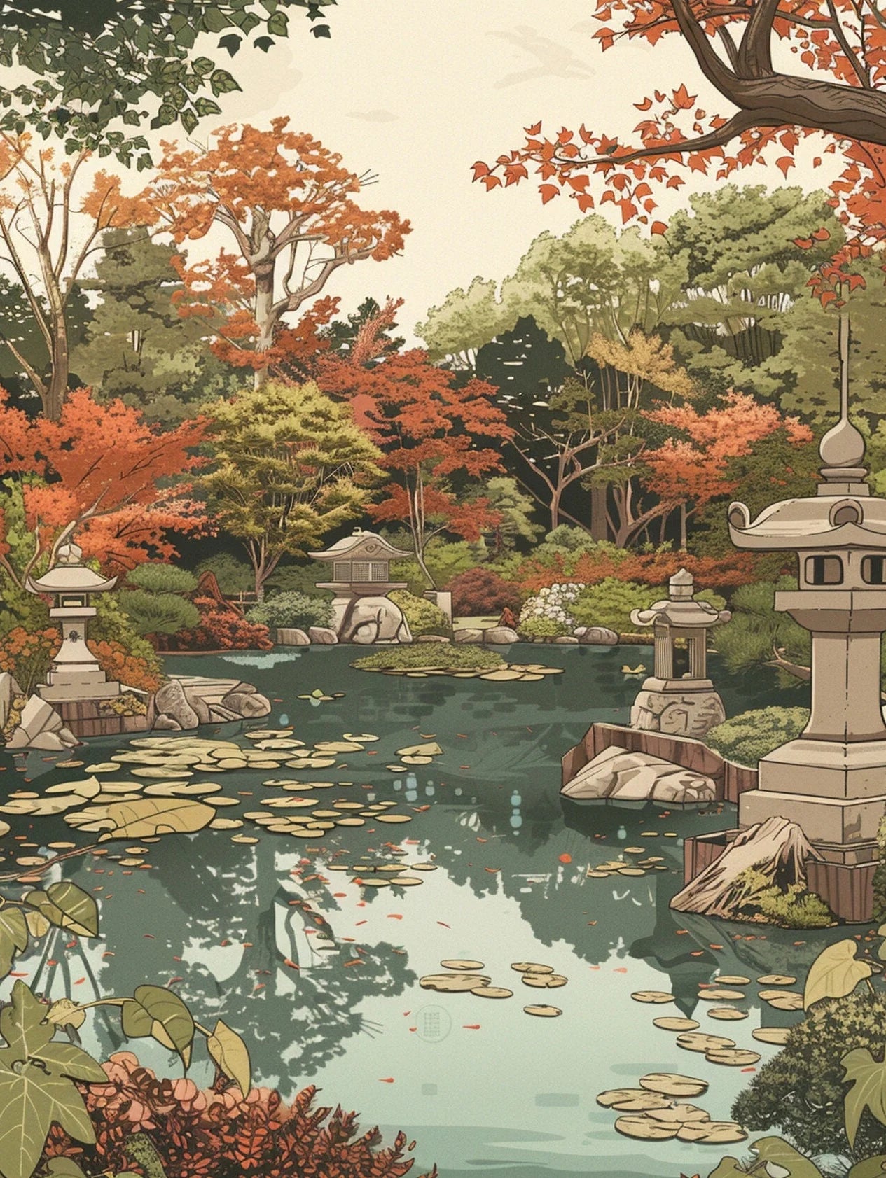 Japanese garden with pond, lanterns, and autumn foliage
