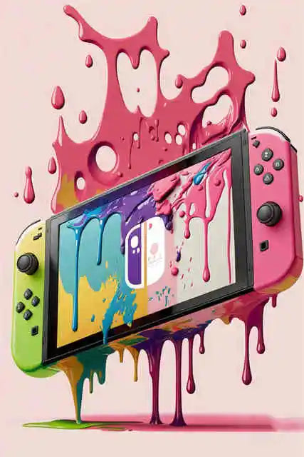 Colorful splatter design on a gaming console with a pink background