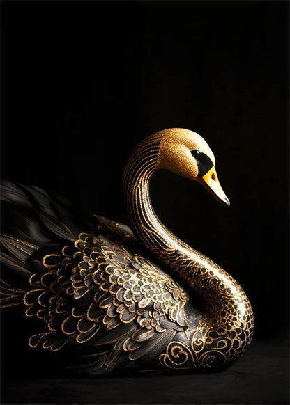 Decorative swan sculpture with gold and black details on a dark background