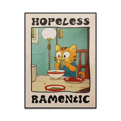 Cartoon cat eating ramen with text 'Hopeless Ramentic' on a beige background