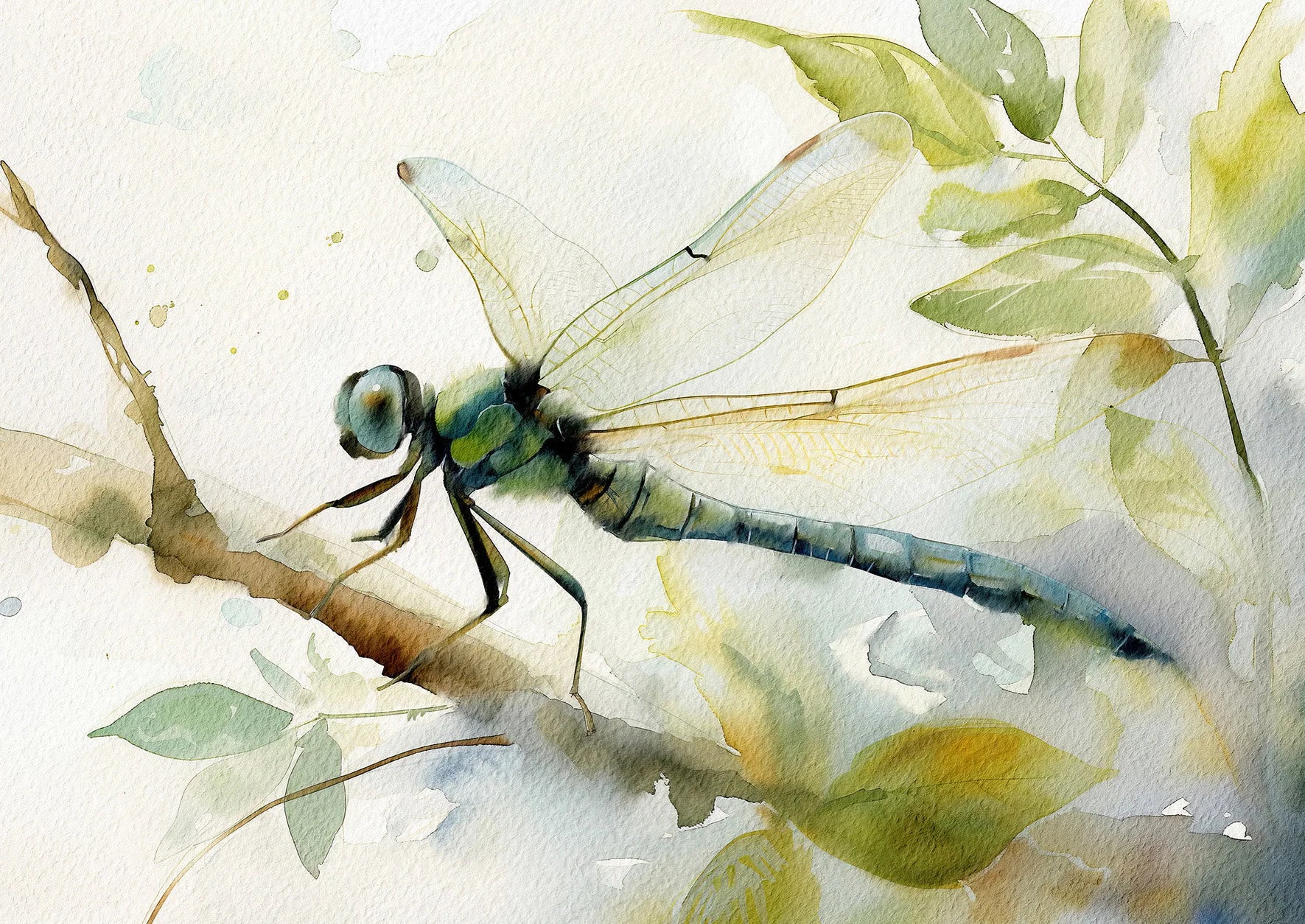 Watercolor painting of a dragonfly on a branch with leaves
