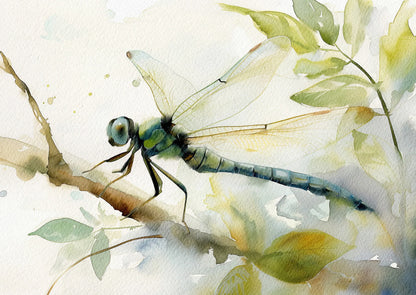 Watercolor painting of a dragonfly on a branch with leaves