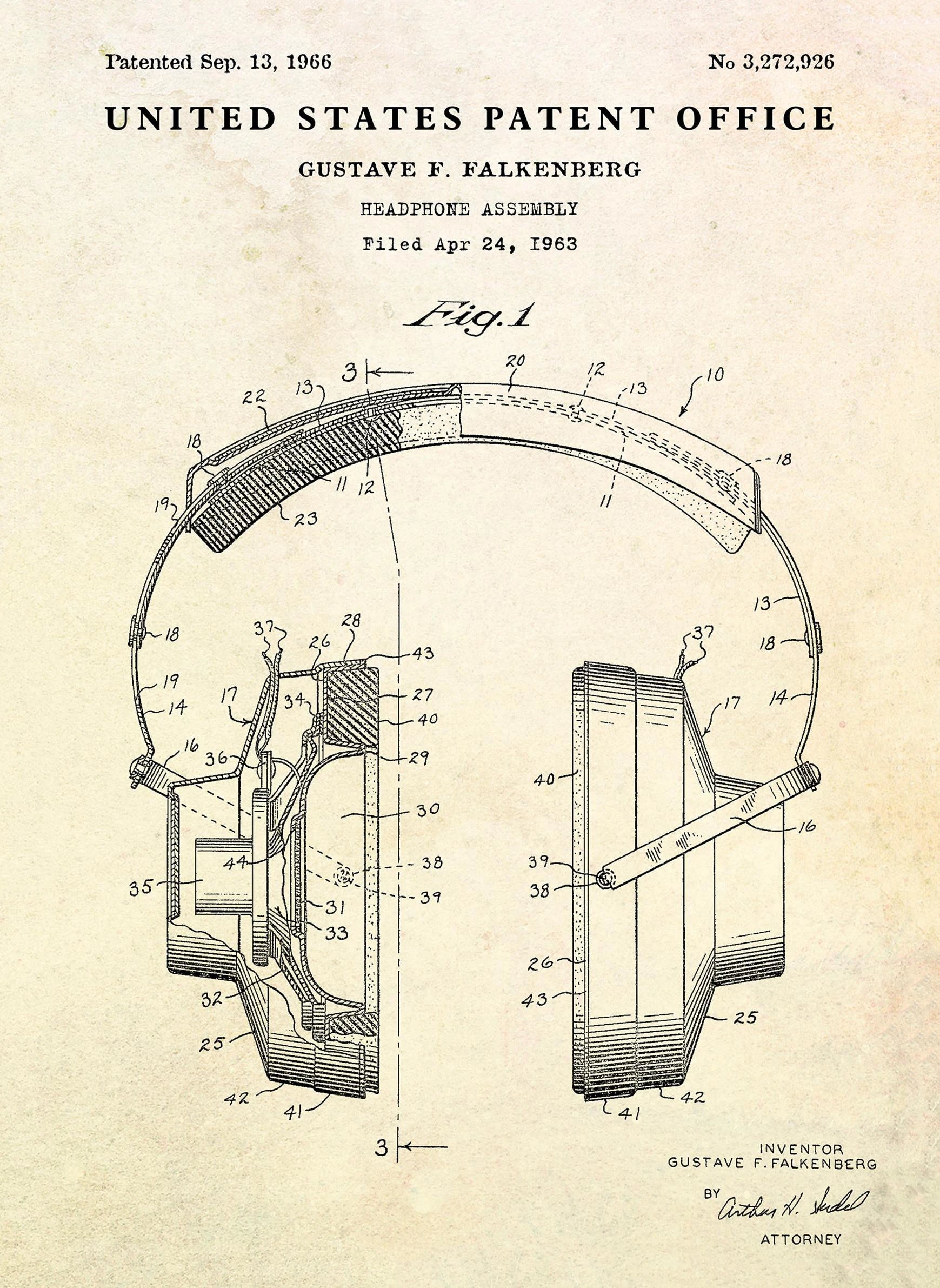 Patent illustration of a headphone assembly from the United States Patent Office, dated September 13, 1965.